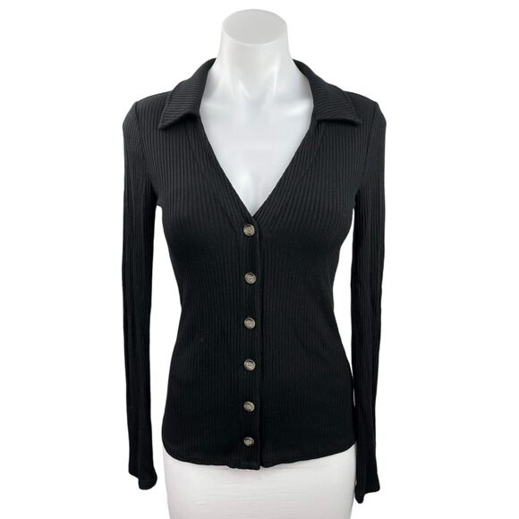 Whimsy + Row Black V Nek Ribbed Knit Collared Long Sleeve Button Up Top Size XS - Picture 1 of 4